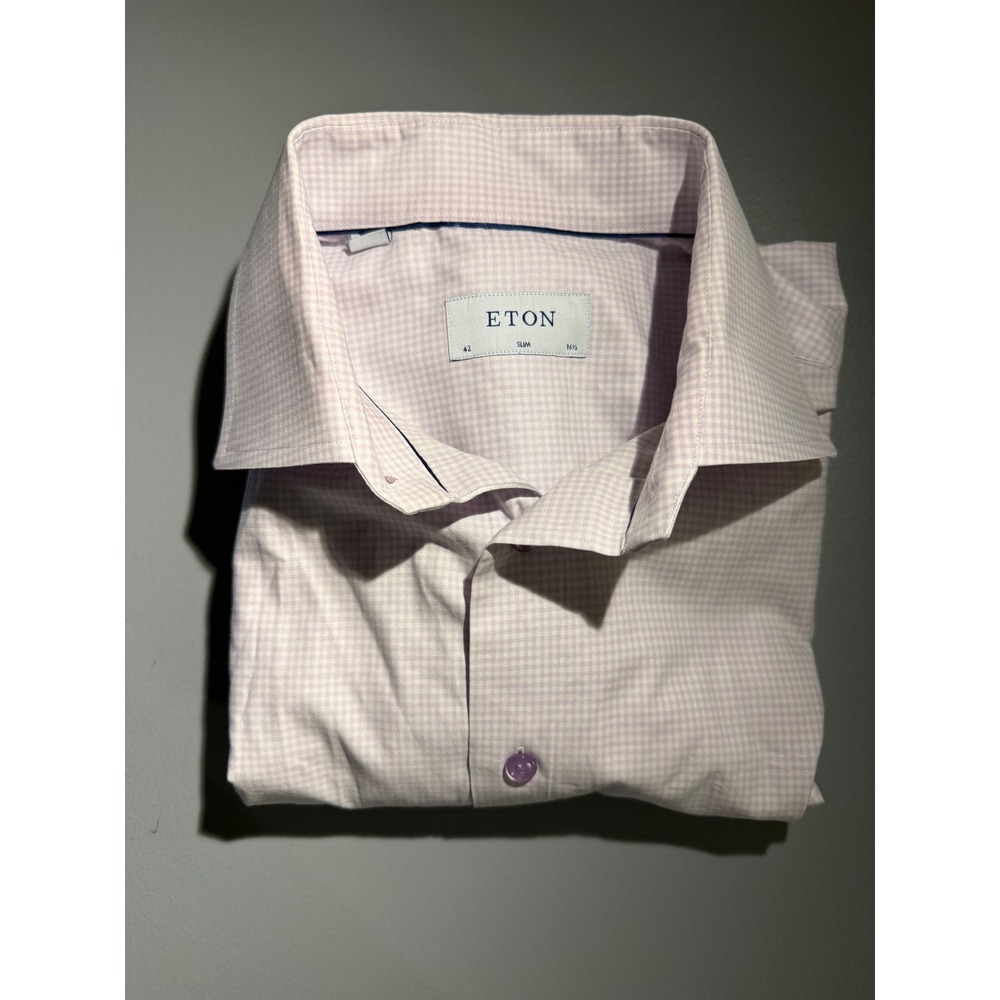 Eton Slim Fit Dress Shirt 16.5 42 Purple White Micro Gingham Check Long Sleeve